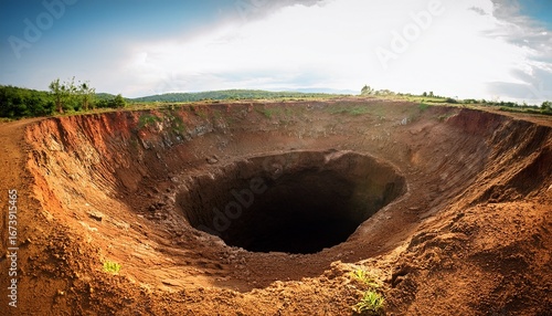 deep pit in the ground large hole in the ground large cave in muddy hill excavating a hole