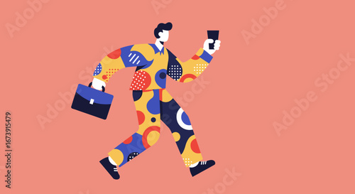 Dynamic illustration of a busy person rushing with a briefcase and phone, symbolizing modern business, productivity, and an active lifestyle.