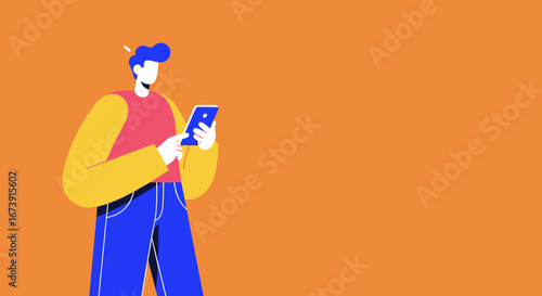 Stylized man actively using a smartphone on a vibrant orange background, illustrating digital communication, online connectivity, and modern lifestyle.
