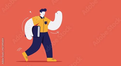 Happy student walking with book, flat design illustration perfect for landing page banners, website headers, marketing presentations, and web design projects needing a friendly, approachable vibe.
