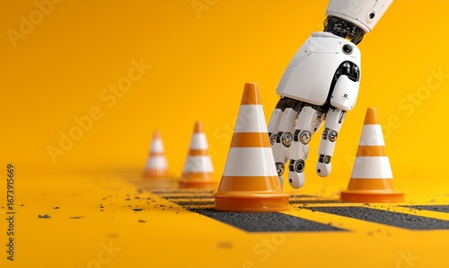 A futuristic robotic hand carefully touches traffic cones, with an eye-catching yellow backdrop. The scene conveys innovation and technology.