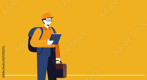 Dedicated male professional in a hard hat with a tablet and briefcase, representing engineering, construction, or project management. Ideal for business concepts.