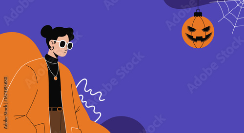 Stylish person in an orange jacket and sunglasses, with a Halloween jack-o'-lantern and spiderweb in the background. Modern autumn fashion for trendy concepts.