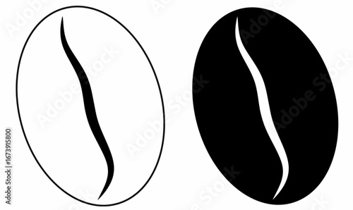 Minimalist black and white coffee bean icon with outline and silhouette filled version, simple vector symbol for café, drink, branding, packaging, and microstock design.