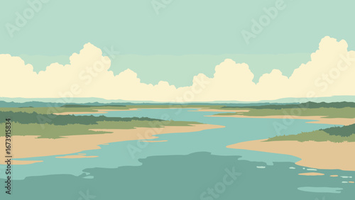 Brownsville, TX – Rio Grande delta with tidal flats and bird islands, palette: mud tan, estuary teal, marsh green, sky pearl