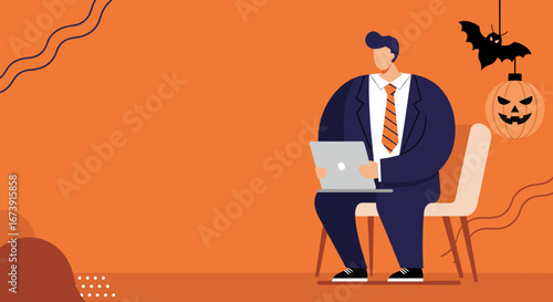 Businessman works on laptop in a festive Halloween setting. Perfect for seasonal business promotions, holiday productivity, and remote work themes.