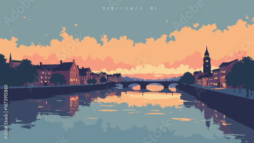 Providence, RI – river with WaterFire braziers, arched bridges and historic mills, palette: ember orange, river gray, brick, twilight