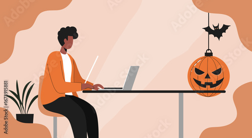 A person works on a laptop at a Halloween-themed desk with a jack-o'-lantern and bat. Illustrates remote work, holiday productivity, and festive business concepts.