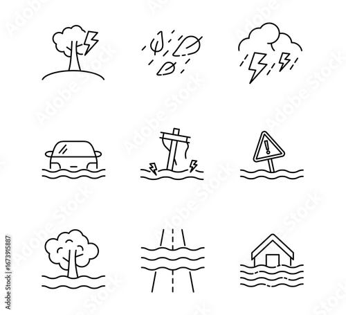 Set of Rainstorm and Flood icon, Flooded roads, Disaster damage Symbol Outline icon Editable Stroke