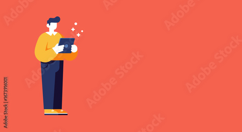 Stylized illustration of a man actively using a digital tablet, representing modern technology, online learning, and digital productivity.