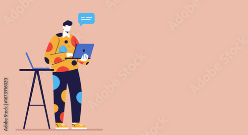 Modern man efficiently works remotely with laptops, engaging in online communication. Ideal for freelance, digital business, and connected lifestyle concepts.