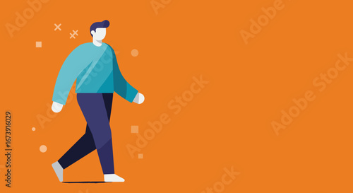 Flat design illustration of a man walking forward on a vibrant orange background. Represents progress, movement, and individual journey. Ideal for business, tech, or lifestyle content.