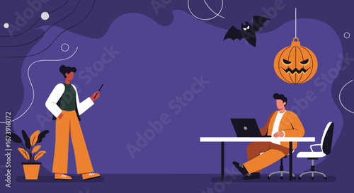 Business colleagues work and collaborate in an office decorated for Halloween, featuring a jack-o'-lantern and bat. Blending professional tasks with festive holiday spirit.