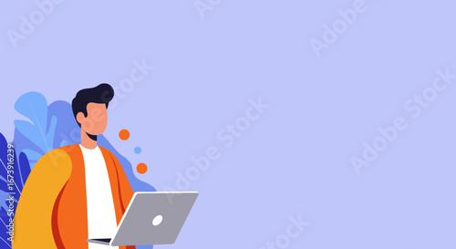 Modern flat illustration of a man working digitally on a laptop, depicting concepts of remote work, technology, and business productivity.
