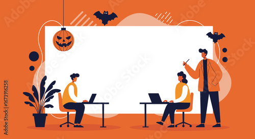 Professional team working in a festive Halloween-themed office environment with a large copy space. Ideal for seasonal business promotions or corporate event announcements.