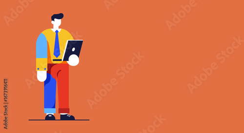 Stylized professional man using a digital tablet, representing modern business, technology, and online communication on an orange background with copy space.