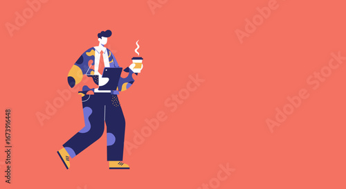 Stylish businessman on-the-go, multi-tasking with a laptop and coffee. Represents modern work, productivity, remote job, and entrepreneurial spirit.