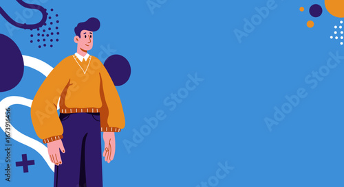 Happy young man in a casual sweater stands confidently against a vibrant abstract background, offering a friendly and approachable presence for design, business, or lifestyle concepts.