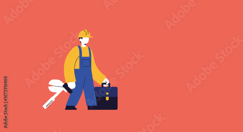Professional worker in a hard hat and overalls, holding a large wrench and a briefcase, ready for service or repair tasks. Ideal for business, maintenance, and trade concepts.