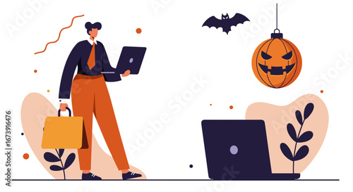 Professional business person working on a laptop, balancing tasks during the Halloween season. Ideal for themes of seasonal work, holiday business, or tech-savvy professionals.