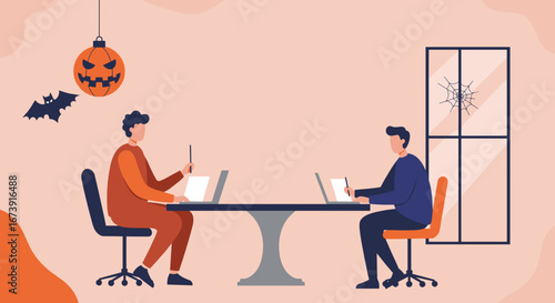 Two men diligently work on laptops at an office desk, adorned with festive Halloween decorations like a jack-o'-lantern and spiderweb, blending productivity with holiday spirit.