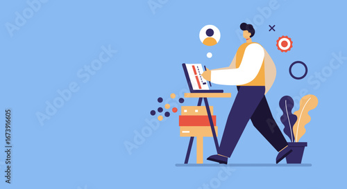 Professional man engaged in creative work on a laptop, illustrating productivity, remote work, and digital innovation in a modern office or freelance setting.