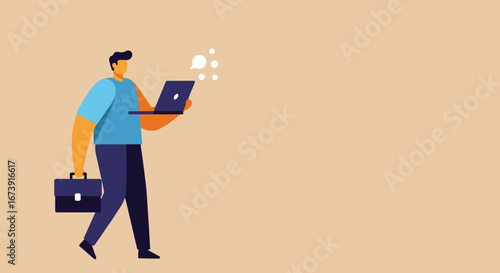Modern man multitasking, carrying a laptop and briefcase, symbolizing remote work, digital communication, and professional mobility.
