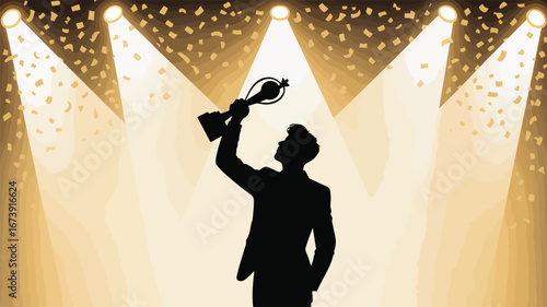 Silhouette of person holding trophy under spotlights with falling confetti, symbolizing victory, celebration, and personal achievement