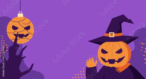Spooky Halloween vector illustration featuring a friendly jack-o'-lantern witch and a mysterious hand with a secret gesture, perfect for holiday greetings and party designs.