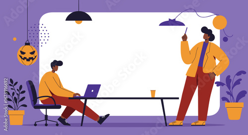 Diverse colleagues collaborate in a modern office workspace with a festive Halloween pumpkin. One works on a laptop, the other presents. Perfect for business, teamwork, and seasonal themes.