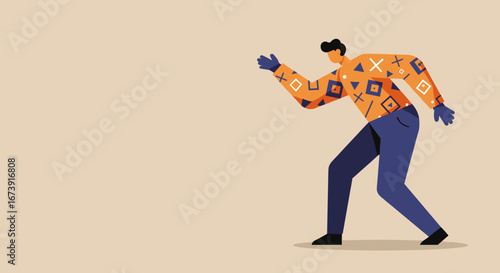 Modern illustration of a man in a vibrant patterned shirt, reaching out. Perfect for concepts of presentation, guidance, discovery, or engagement in business and digital media.
