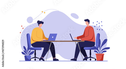 Two people working efficiently on laptops at a desk, illustrating teamwork, remote collaboration, or online education in a modern business setting.