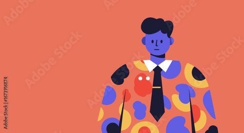 Professional vector illustration of a man in a colorful abstract patterned shirt and tie. Ideal for modern business, creativity, and unique personality concepts.