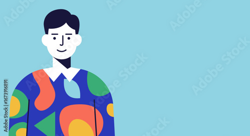 Friendly illustrated person with a colorful, abstract shirt smiling on a blue background. Ideal for modern business, communication, or lifestyle design projects.