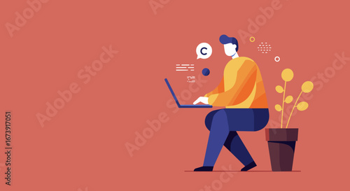 Illustration of a person focused on working or learning on a laptop, surrounded by abstract digital elements and a plant, representing productivity, online communication, and modern remote work.