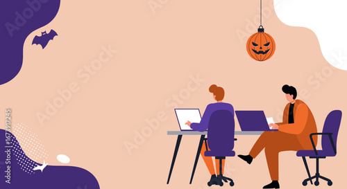 Two colleagues work on laptops in a festive, Halloween-themed office. Ideal for business, remote work, seasonal marketing, or corporate event promotions.