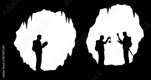 Two silhouetted figures in a cave one with a book and the other with a light source examining something | editable eps vectors

