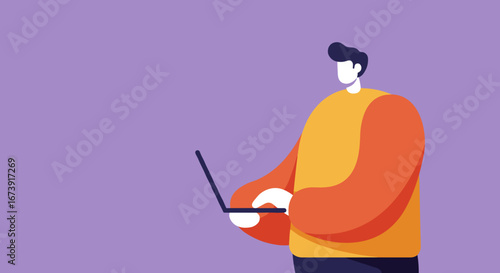 Stylish illustration of a person actively using a laptop on a vibrant purple background. Represents remote work, online learning, or digital communication concepts for business and lifestyle.