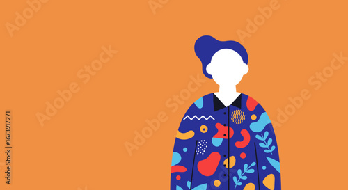 Modern illustration of a stylized person in a vibrant, abstract patterned shirt against a bold orange background. Ideal for creative, design, or lifestyle themes.