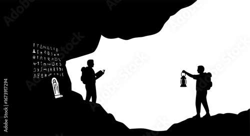 Two silhouetted figures in a cave one with a book and the other with a light source examining something | editable eps vectors

