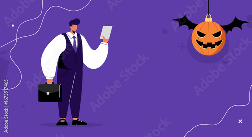 Professional businessman with a tablet and briefcase, standing against a purple background with a Halloween jack-o'-lantern decoration. Ideal for seasonal business promotions or holiday work themes.