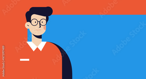 Friendly illustrated man with glasses offers a welcoming presence, ideal for business, education, and communication concepts with ample copy space.
