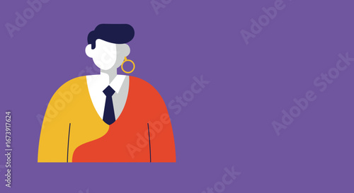 Stylized illustration of a modern professional, possibly non-binary, with a unique colorful outfit and earring. Represents diversity and individuality in business or lifestyle.