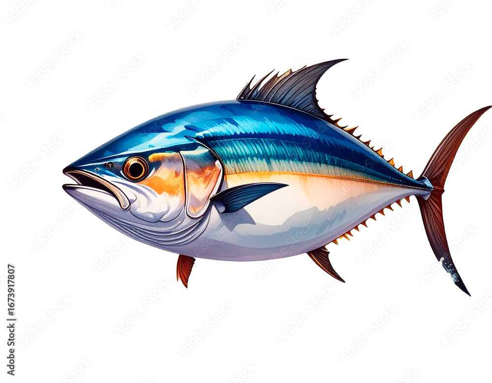 Fototapeta premium Carefully drawn illustration of tuna. Charming. Delicious. Hand-drawn style. Brush. Seafood. Freshness. Fresh. Market. DHA, EPA. Health. Diet.