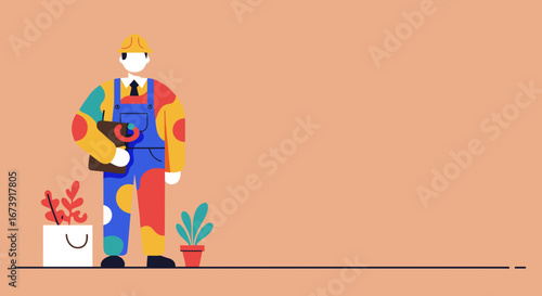 Stylized construction worker in colorful overalls and hard hat with clipboard, embodying modern engineering, building, and project management. Business and industry concept.