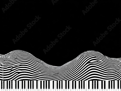 Abstract black and white striped hills, subtly mimicking the structure of a piano keyboard, creating a dynamic visual effect.