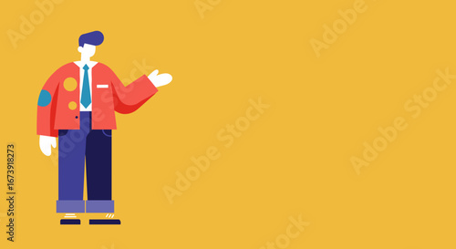 Stylized illustration of a businessman or presenter gesturing confidently against a vibrant yellow background. Ideal for business, education, or marketing concepts.