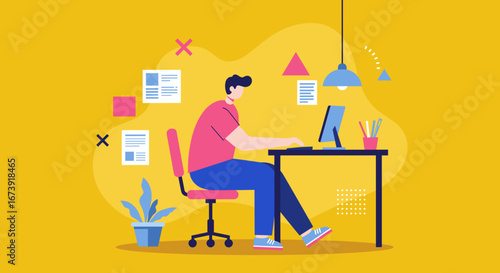 A focused man works efficiently at his desk using a computer in a modern home office setting. Ideal for themes of productivity, remote work, or online learning and business.