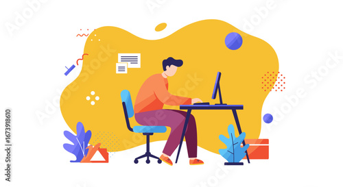 A person diligently working on a desktop computer at a desk, representing concepts of productivity, remote work, online learning, or digital business tasks.