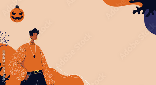 Modern illustration of a stylish person celebrating Halloween with a festive pumpkin, ideal for seasonal marketing, holiday promotions, or lifestyle designs.